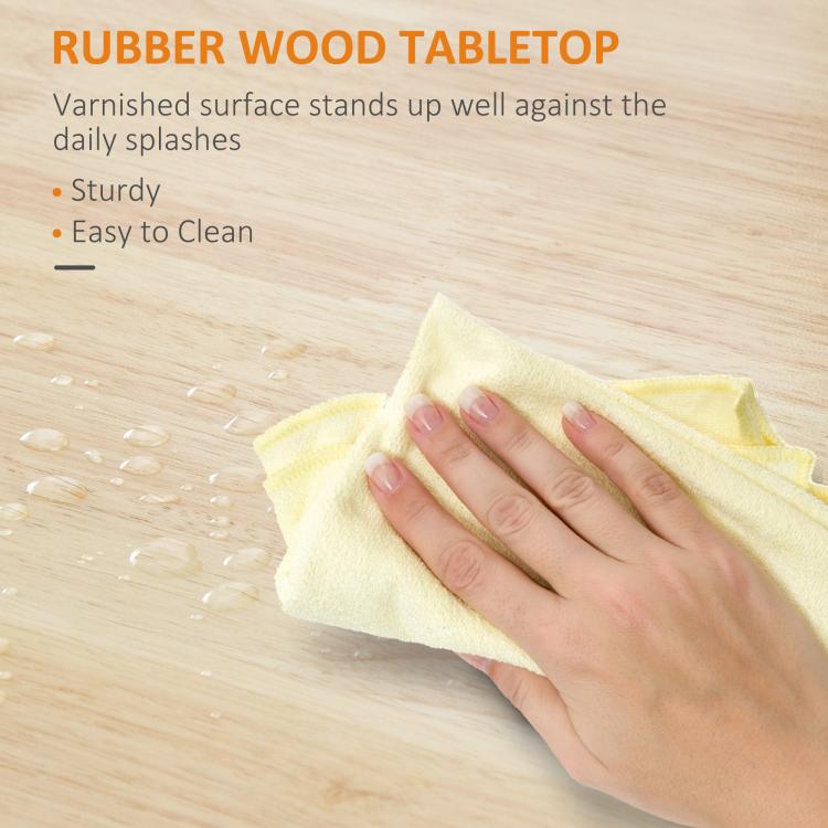 Light wood tabletop on a kitchen island cart with wipe-clean surface