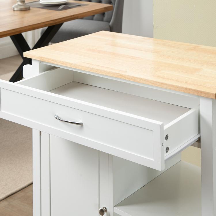 Drawer front and open storage compartment of a white kitchen island cart