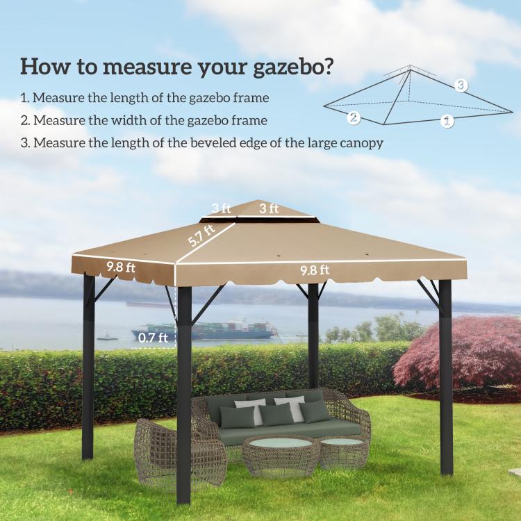 Khaki gazebo top cover canopy on a dark frame stand with scalloped roof edge