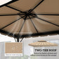 Underside of khaki gazebo canopy with black support ribs and water-drain openings