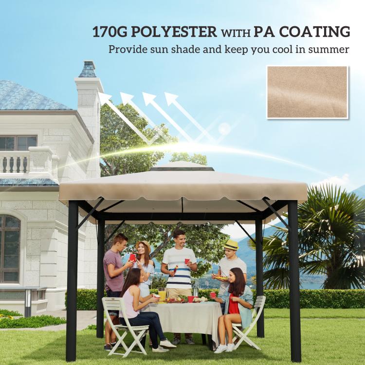 Khaki gazebo top cover canopy with matching side curtains and black support posts