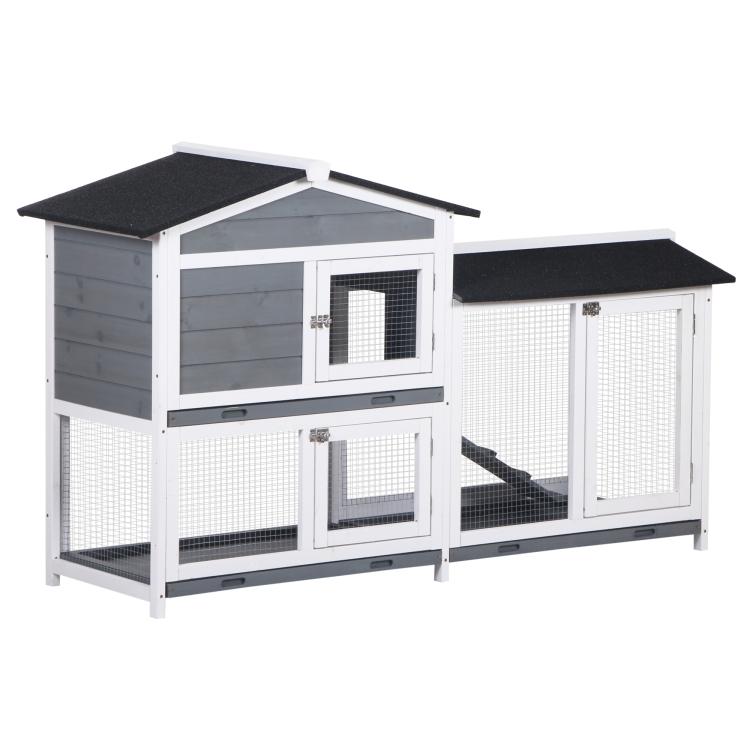 2-tier rabbit hutch with enclosed run, wire panels, and two black roof panels