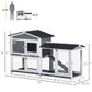 2-tier rabbit hutch with ramp and two sections, front view with size proportions