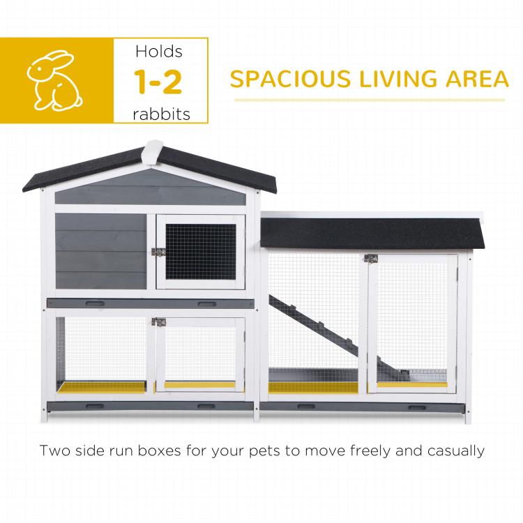 Spacious 2-tier rabbit hutch with wire mesh panels, ramp, and two enclosed areas