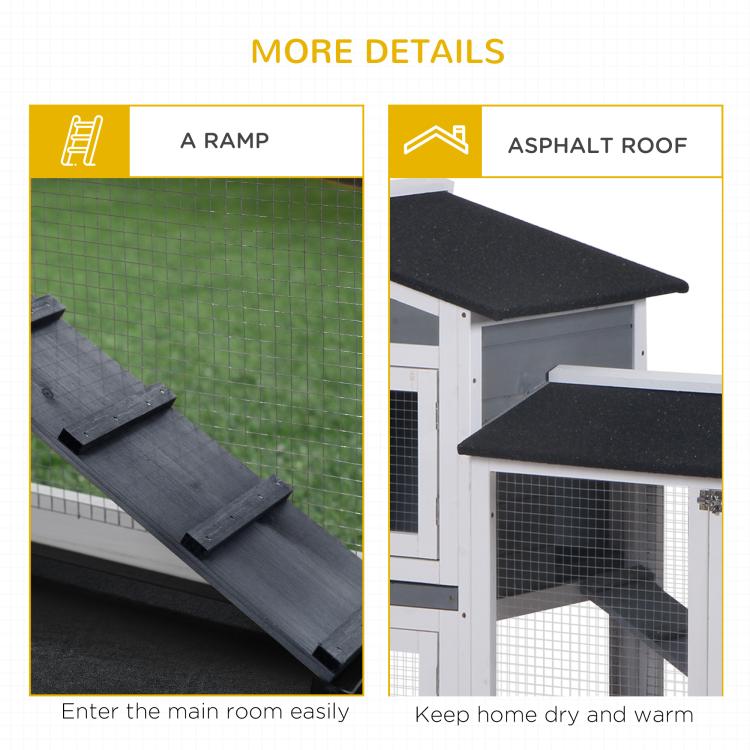 Rabbit hutch ramp and asphalt-style roof panels on two-level enclosed run