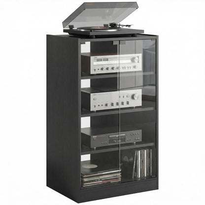 Dark distressed media cabinet with open shelves and clear glass doors