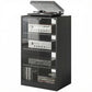 Dark distressed media cabinet with glass-front shelves and turntable-style top