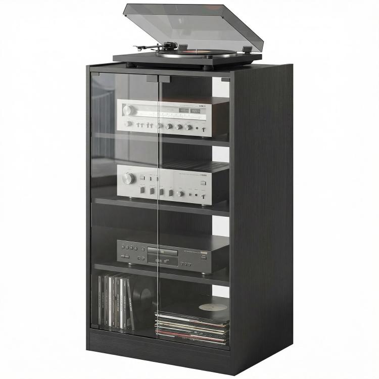 Dark distressed media cabinet with glass-front shelves and turntable-style top