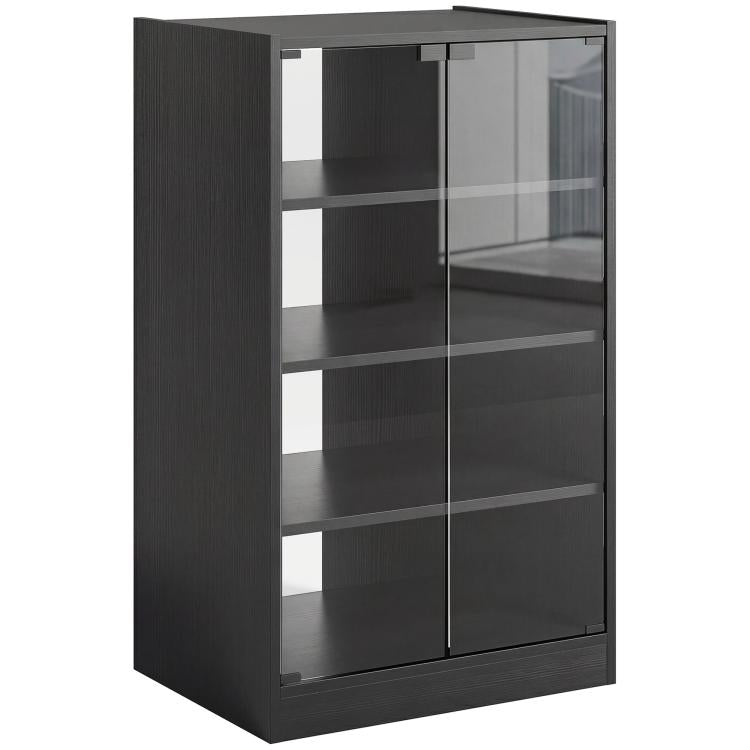 Dark media cabinet with two glass door panels and open adjustable shelves