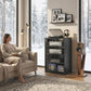 Dark media cabinet with clear glass doors and multiple tiers for AV components