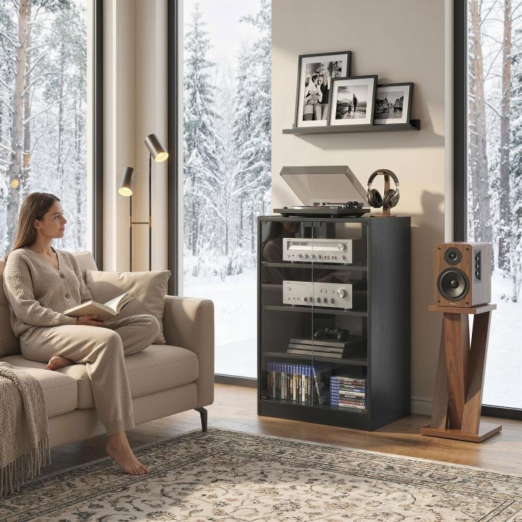 Dark media cabinet with clear glass doors and multiple tiers for AV components