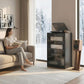 Dark media cabinet with clear glass doors and stacked shelves for electronics