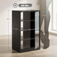 Distressed black media cabinet with clear glass doors and interior shelving