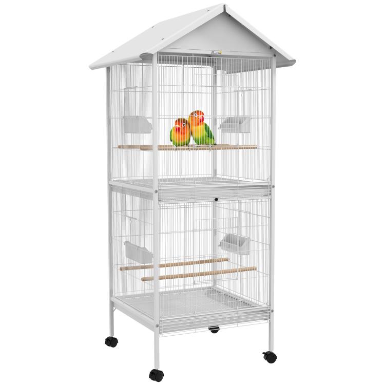 White wrought metal bird cage with rolling stand, twin levels, and front access doors
