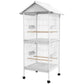 White bird cage with roof-style top, two tiers, gray feeder cups, and rolling wheels