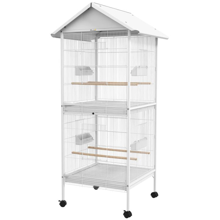 White bird cage with roof-style top, two tiers, gray feeder cups, and rolling wheels