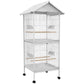 White metal bird cage feeder on rolling stand with wheels, perches and two doors