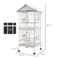White bird cage size diagram with rolling base, perches, and two cage levels