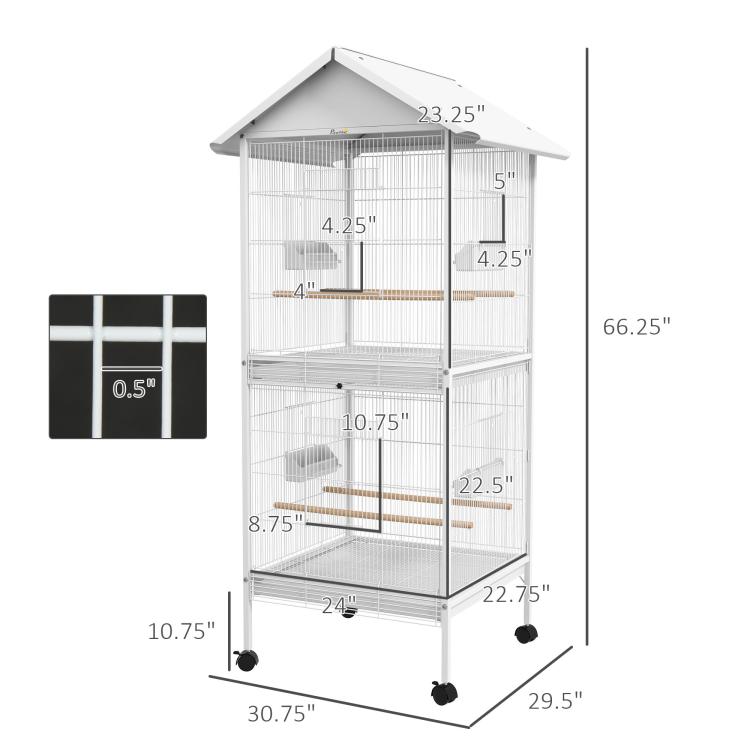 White bird cage size diagram with rolling base, perches, and two cage levels