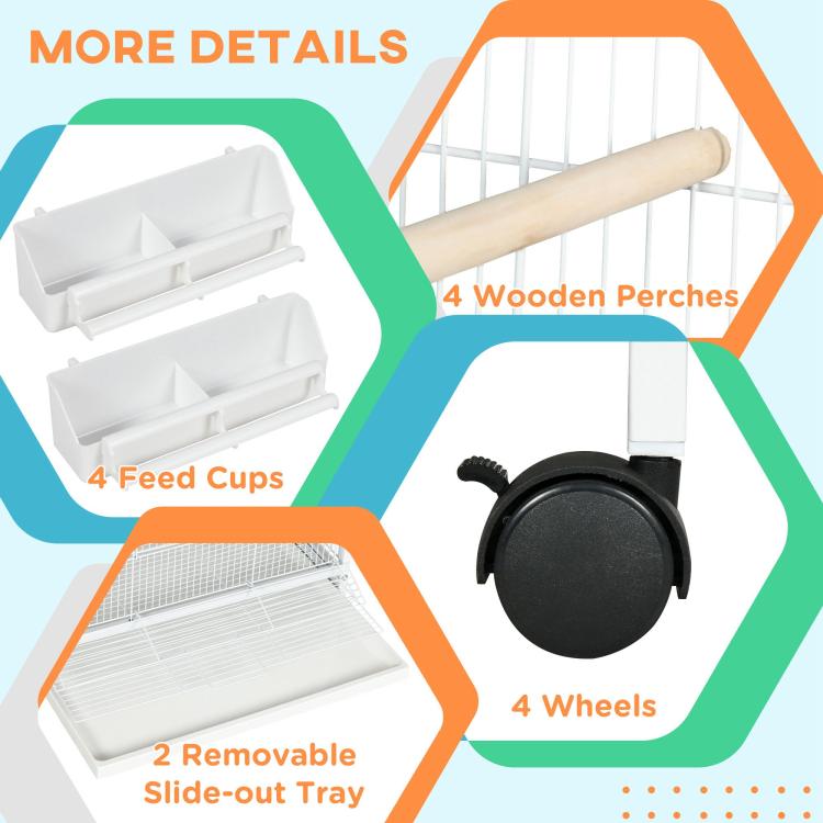 Bird cage accessory layout: wooden perches, feeder cups, pull-out tray, and 4 wheels