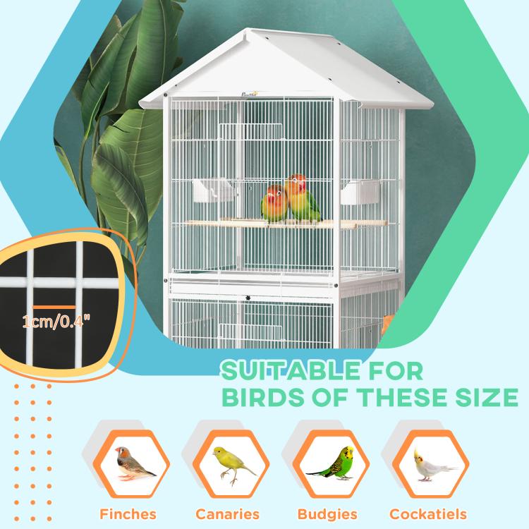White bird cage front view with perches and interior feeder cups