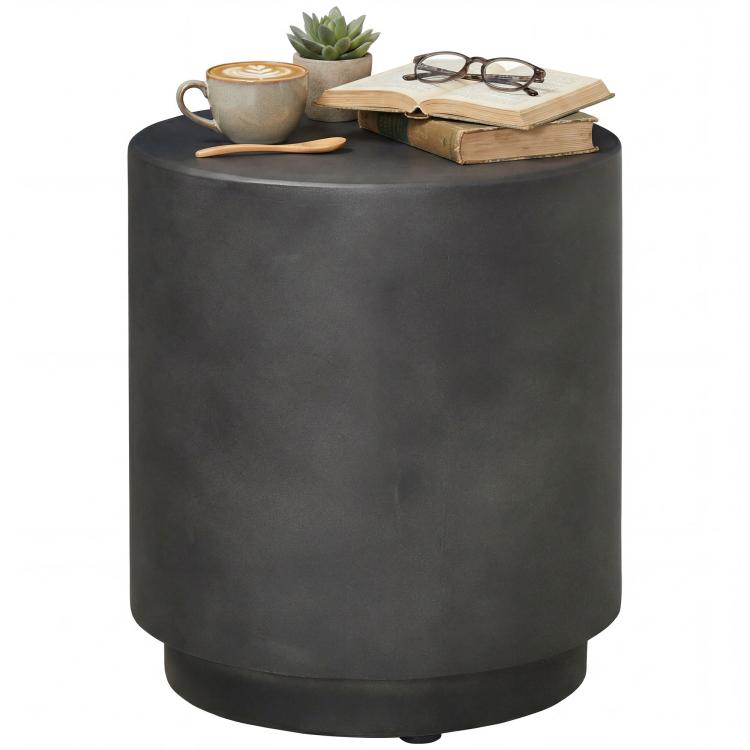 Round dark gray accent side table with concrete-look finish and sturdy cylindrical shape