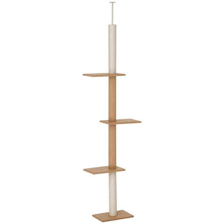 Light brown cat climbing tower with four small platforms on padded posts