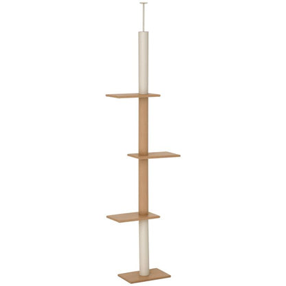 Light brown cat climbing tower with four small platforms on padded posts