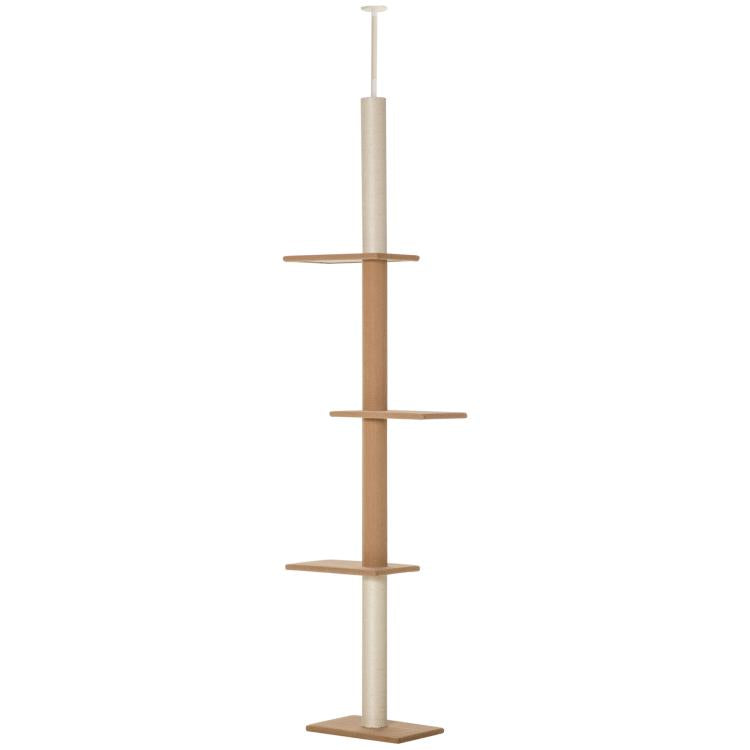 Tall light brown cat tower with multiple flat perches and a central scratching post
