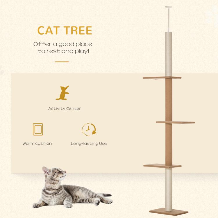 Light brown cat tree with stacked perches and sisal-covered scratching posts