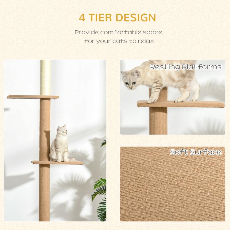 Light brown cat tree with four-tier design; cat perched on top platform