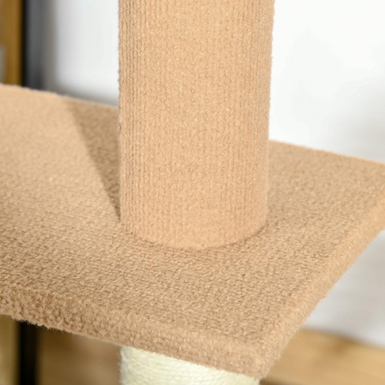 Close-up of light brown sisal-covered scratching surface on the cat tree