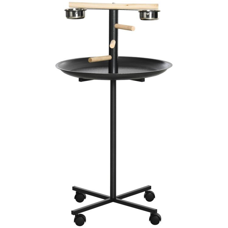 Black bird play stand with round top tray, two stainless bowls, wooden perches, caster wheels