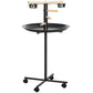 Portable bird feeding stand with two stainless bowls, wooden perches, and wheels