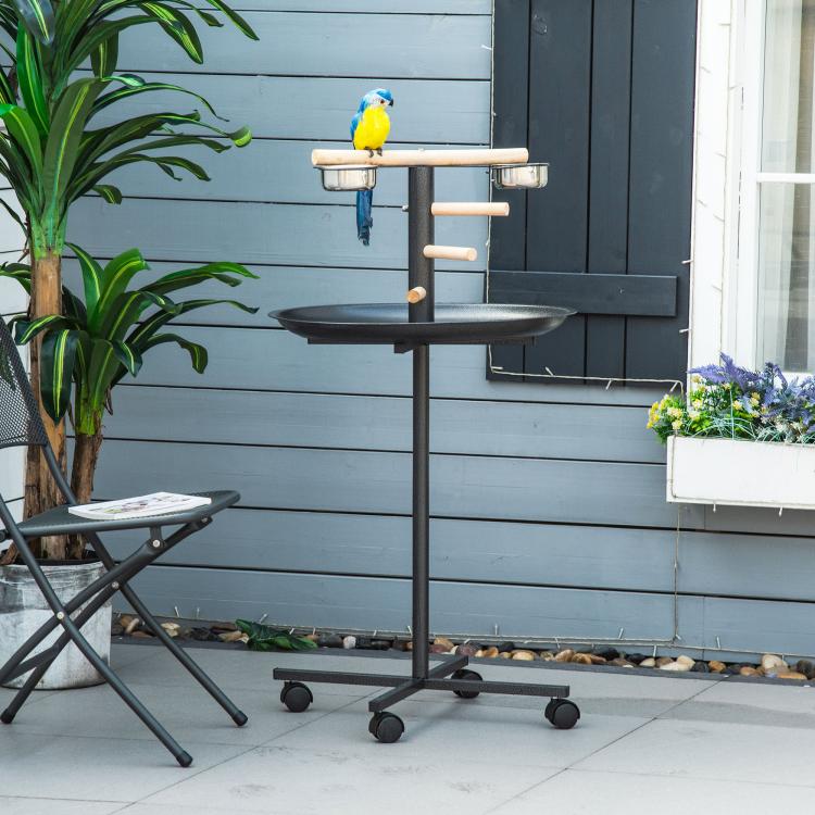 Portable bird feeder perch stand with round black tray, wooden perches and rolling casters