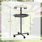 Bird play stand with round black tray, stainless bowls and wooden perches, wheeled base
