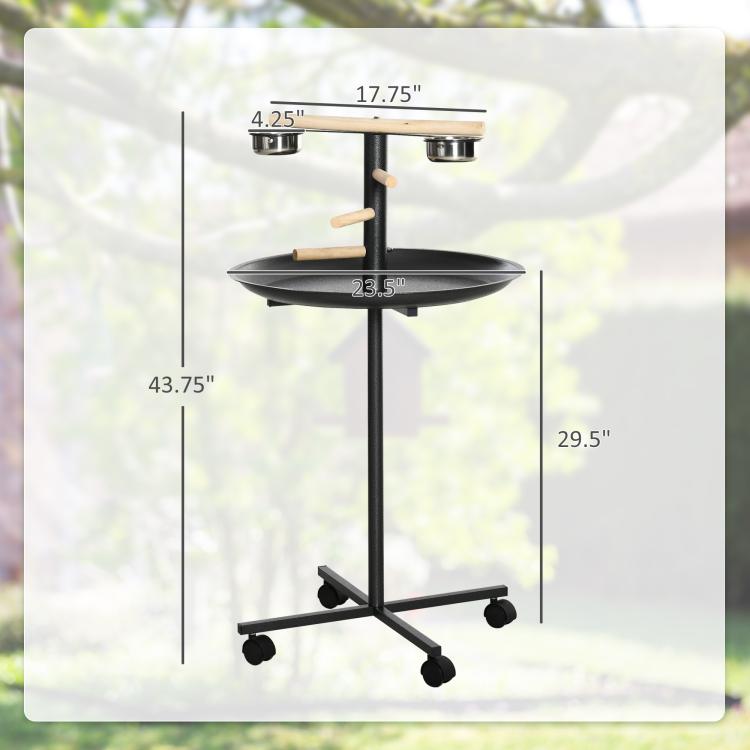 Bird play stand with round black tray, stainless bowls and wooden perches, wheeled base