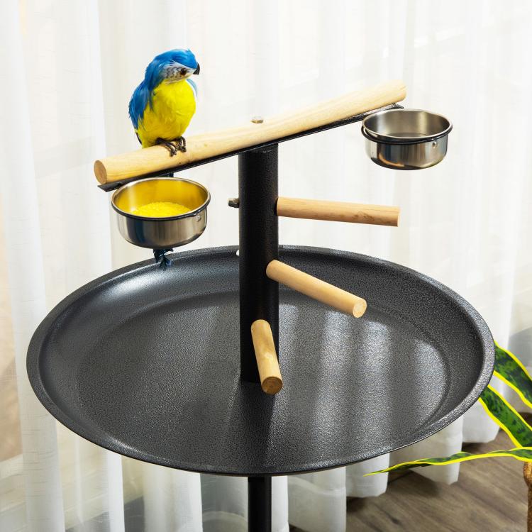 Bird feeder stand close-up with two stainless bowls, wooden perches and round black tray