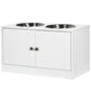 White raised dog feeding stand with two stainless steel bowls and two cabinet doors