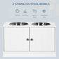 White dog feeding cabinet featuring two stainless steel bowls on the top