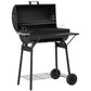 Charcoal barbecue grill with open lid and cooking grate, on legs with wheels