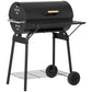 Charcoal barbecue grill with closed lid, front firebox, and wheel stand