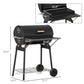 Charcoal barbecue grill with lid and adjustable cooking rack, side view