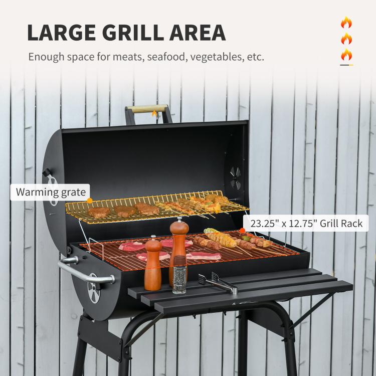 Charcoal barbecue grill with open lid, grill rack, warming grate, and side shelf