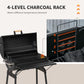 Charcoal barbecue grill with multi-level charcoal rack inside open firebox
