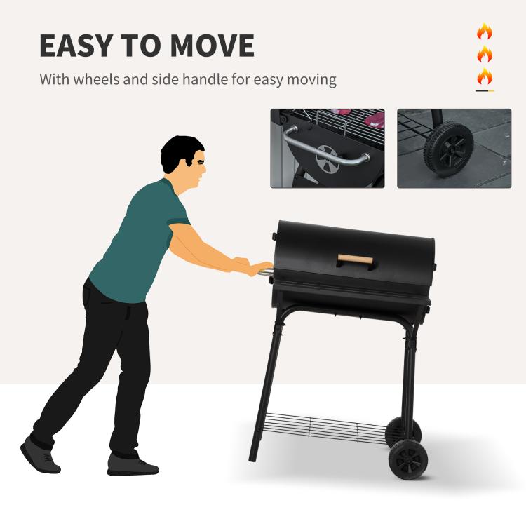 Charcoal barbecue grill with wheels and side handle for easy moving