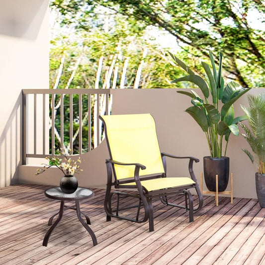 Beige mesh outdoor glider chair with dark steel rocking base and curved armrests