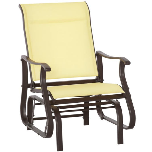 Beige mesh outdoor glider chair with dark steel rocking frame and curved armrests