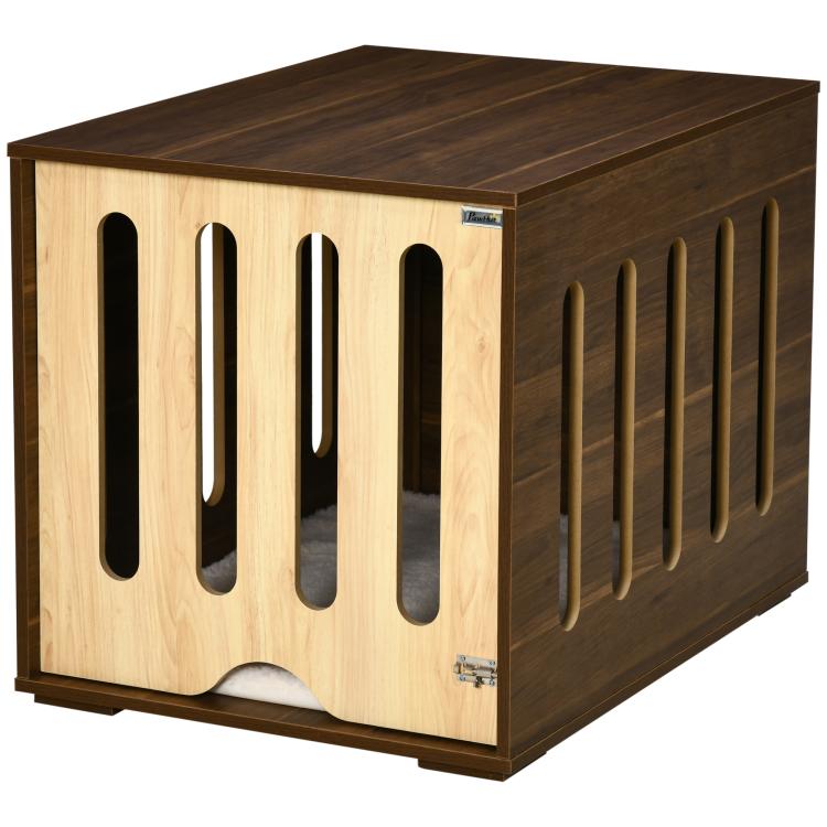 Brown-and-light wood dog crate end table with side slat openings and lower door