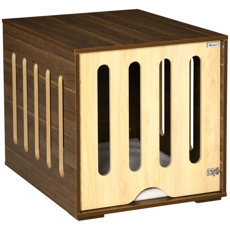 Brown wood dog crate end table with arched door panels and side latch